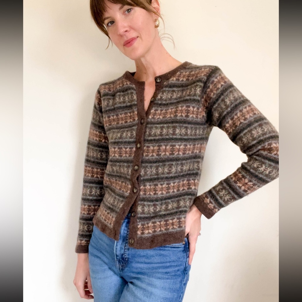 90s vintage felted 100% shetland wool cardigan / newton trading co. / fair isle